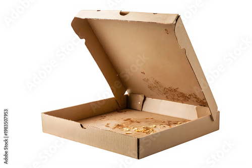 Empty cardboard pizza box with food residue isolated on transparent background