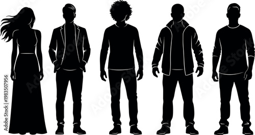 Detailed black and white vector silhouettes featuring a diverse group of standing men and one woman in modern casual clothing