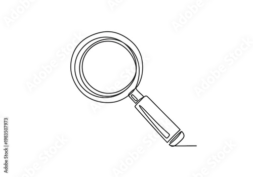 Single continuous line drawing of a magnifying glass icon for search and discovery