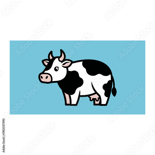 Black and white dairy cow illustration on blue background