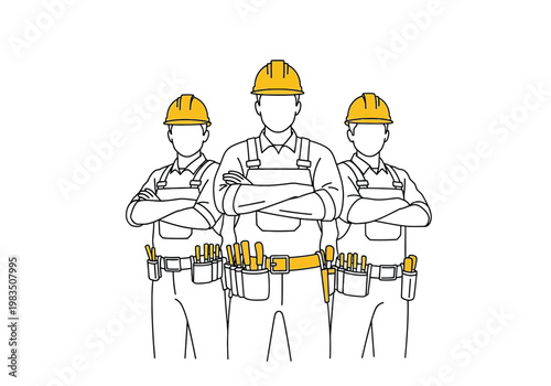 Group of professional construction workers and engineers in hard hats with tool belts