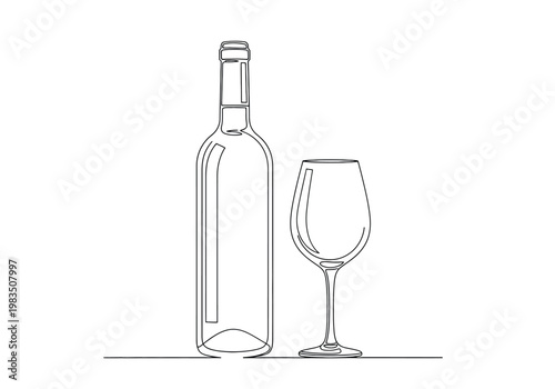 Minimalist continuous line art of a wine bottle and an empty wine glass
