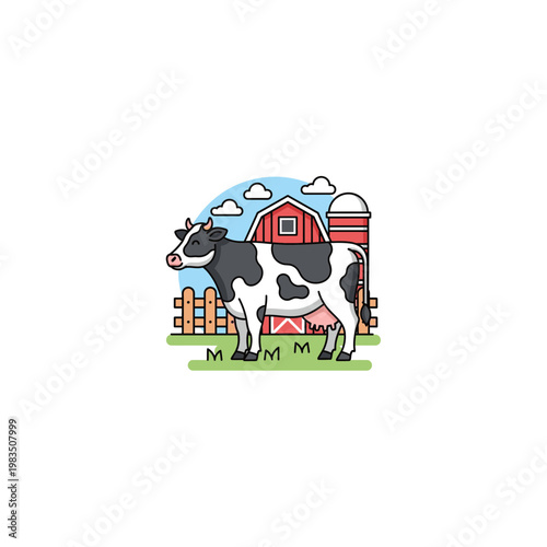 Dairy cow standing near red farm barn graphic