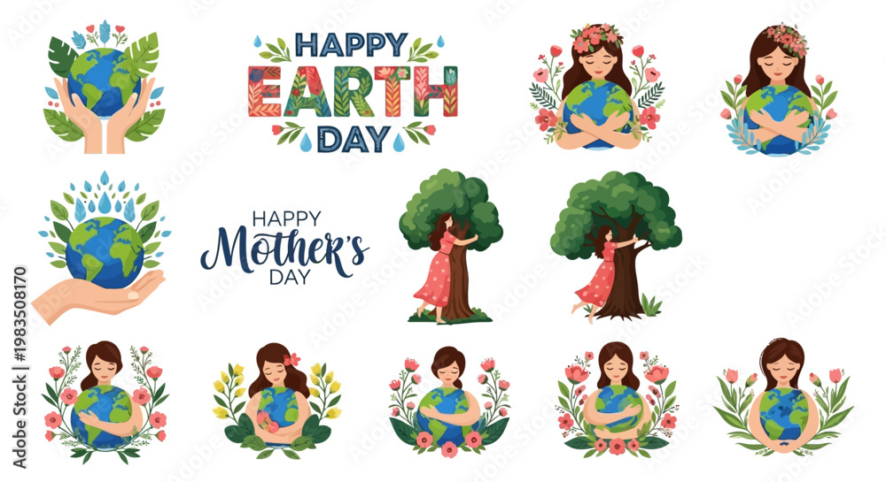 Fototapeta premium A colorful illustration of Earth Day and Mother's Day stickers with trees and people