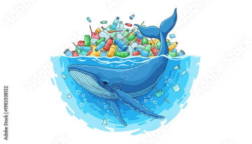 A blue whale swimming in the ocean with a large pile of plastic pollution on its back