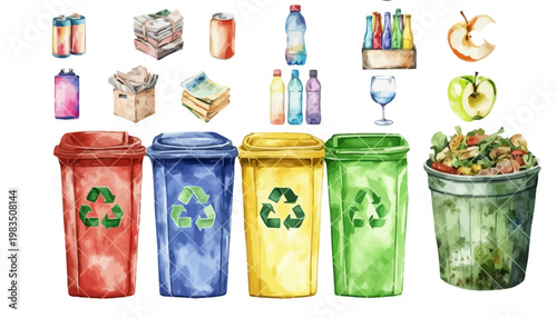 A colorful illustration of recycling bins and various recyclable materials