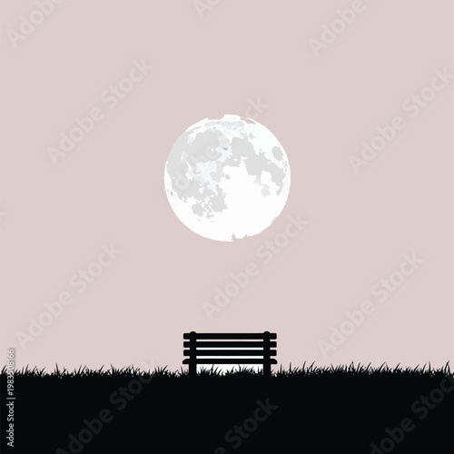 A minimalist silhouette of a park bench sits beneath a large bright full moon against a stark white background high quality professional detailed
