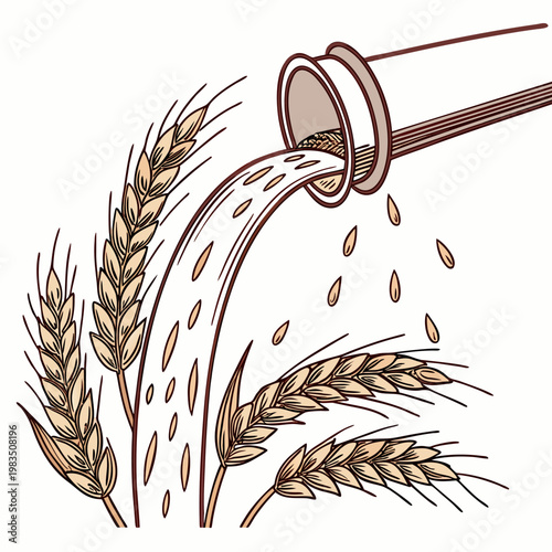 An illustration depicts golden wheat stalks and flowing grains being poured from a cylindrical container symbolizing harvest high quality professional detailed modern