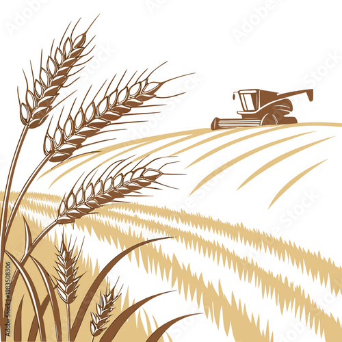An illustrative depiction showcases golden wheat stalks and a combine harvester working in a sprawling gently rolling field high quality professional detailed