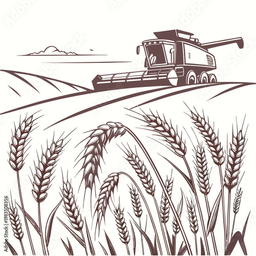 A detailed sketch depicts a combine harvester in a wheat field with stalks of grain prominently displayed in the foreground high quality