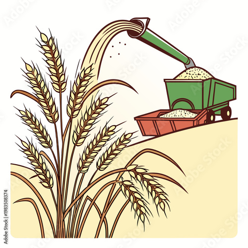 An illustrative depiction showcases a combine harvester unloading grain into a trailer amidst fields of golden wheat stalks high quality professional detailed