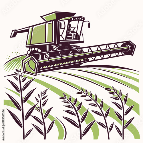 A retro style illustration depicts a green combine harvester working in a field of stylized wheat showcasing agricultural machinery high quality professional