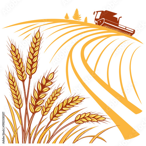 A stylized illustration depicts a combine harvester working on rolling wheat fields under a bright sky high quality professional detailed modern elegant