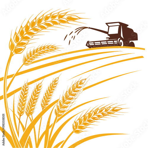 A stylized illustration depicts a combine harvester working in a golden wheat field showcasing the harvest season s bounty high quality professional