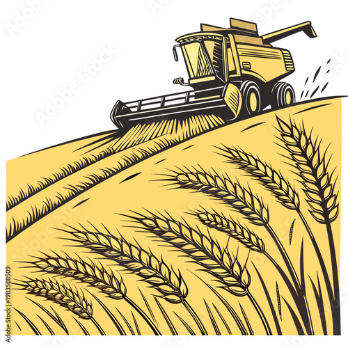 A detailed illustration depicts a yellow combine harvester working in a golden wheat field showcasing agricultural harvesting high quality professional modern elegant