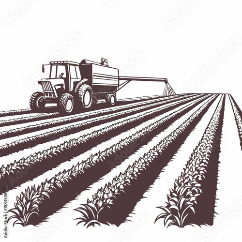 A detailed engraving showcases a combine harvester working within a sprawling field of ripening crops capturing rural agricultural scenes high quality professional