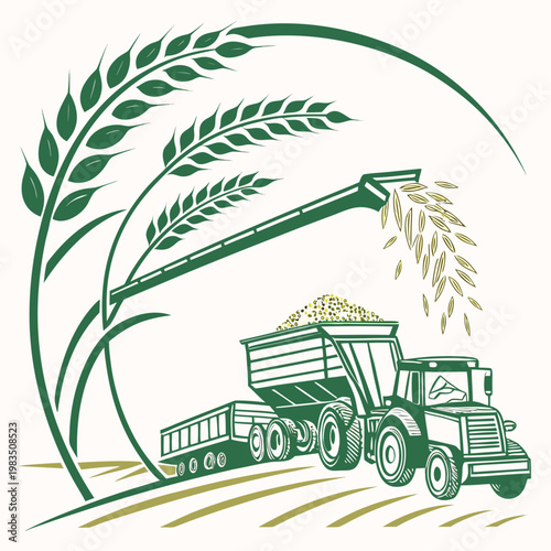 An illustrative depiction showcases a combine harvester unloading grain into a trailer framed by wheat stalks high quality professional detailed modern elegant