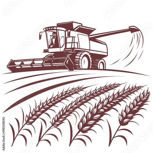 A detailed illustration depicts a combine harvester working in a field with wheat stalks in the foreground showcasing agricultural machinery high quality