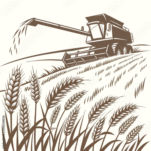 An illustrative depiction showcases a vintage combine harvester actively reaping a golden wheat field emphasizing agricultural harvest high quality professional detailed modern