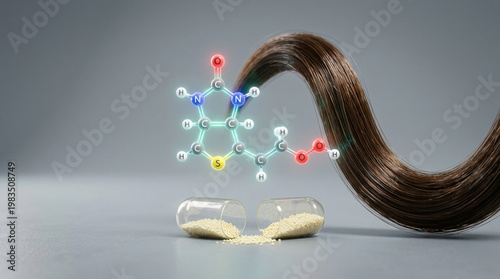 Biotin hair supplement supports strength hair with essential nutrients for healthy growth and improved hair vitality in scientific concept image