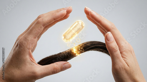 Biotin hair supplement boosts strength hair with nourishing capsule held between hands over dark hair strand glowing with energy