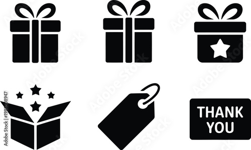 Black silhouette gift icons presents tags and open boxes