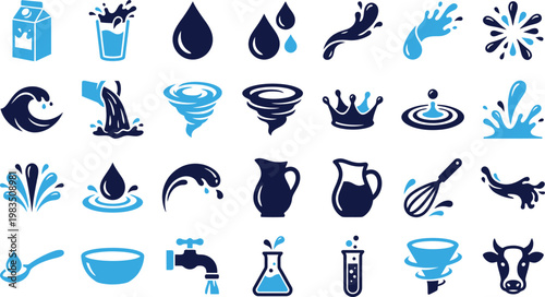 Water and liquid icons in blue and black on a white background.