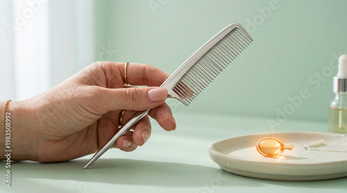 Biotin hair supplement and strength hair care concept with hand holding metal comb near serum ampoule on plate for healthy hair treatment