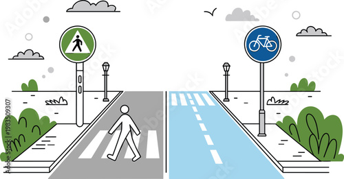 City street infrastructure with pedestrian crosswalk and bicycle path signs featuring person walking and bike lane in monoline vector