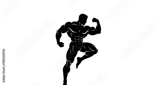 Muscular man flexing bicep in dynamic running pose with white background
