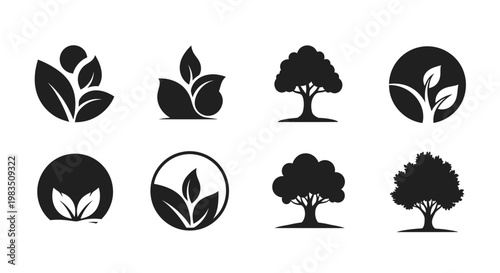 Set of black and white tree and leaf silhouettes on plain background for eco design