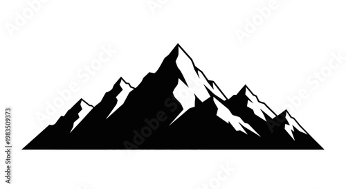 Black silhouette mountain range landscape with snow capped peaks on white background