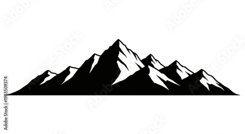 Black silhouette mountain range landscape with snow peaks on white background majestic scenery
