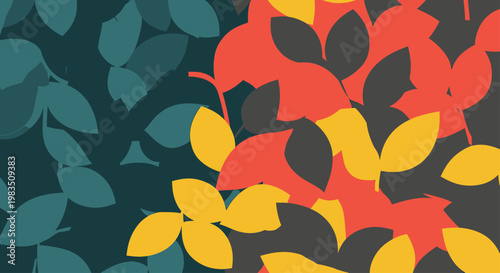 Abstract pattern of overlapping, stylized leaves in teal, red, yellow, and dark grey