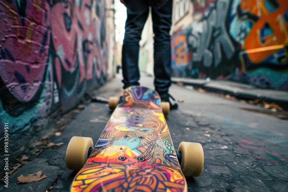 Obraz premium Close up of longboard in urban setting with skater ready to ride
