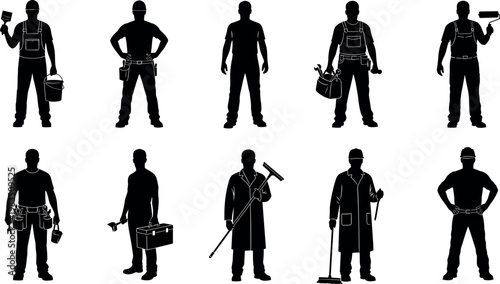 Vector silhouette collection of diverse male manual workers, including skilled painters, mechanics, cleaners, and construction builders holding various professional tools.