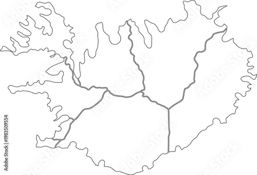 Iceland Map with Regions Thin Line Outline Vector