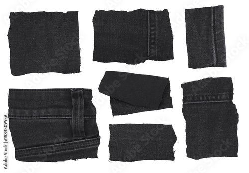 Set of black denim fabric patches and fragments with seams and stitching, isolated, various shapes and textures for design and collage