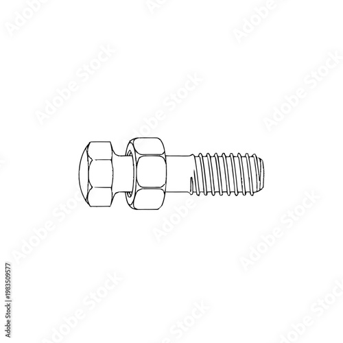 Technical drawing of a bolt with a nut, line art illustration of an industrial fastener on a clean white background, mechanical engineering graphic