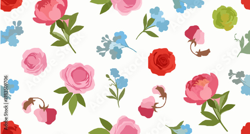 Seamless floral pattern with peony rose forget me not and sweet pea in bright spring summer design