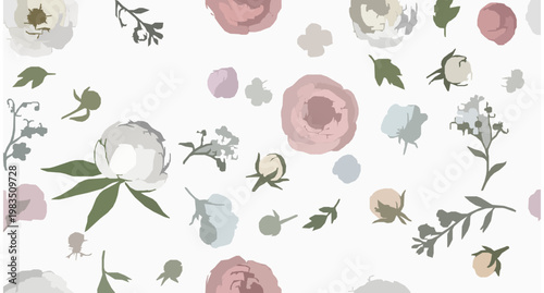 Hand drawn floral pattern with peony rose and wildflowers in artistic spring summer style