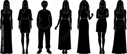 Vector silhouette illustration of diverse people standing in various fashion outfits including formal gowns casual wear and elegant line art.