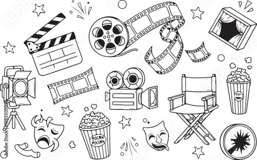 Film, cinema, movie icons, vector illustrations, clipart isolated on Transparent Background