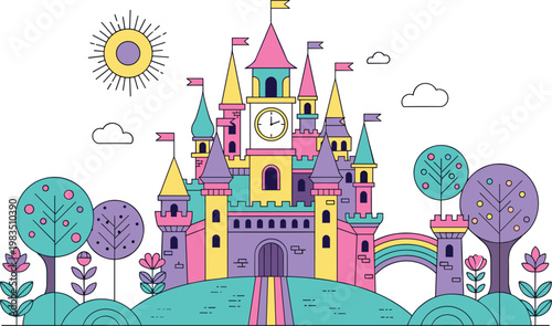 Colorful fantasy fairytale castle with rainbow path whimsical landscape cute cartoon style magical kingdom vector illustration