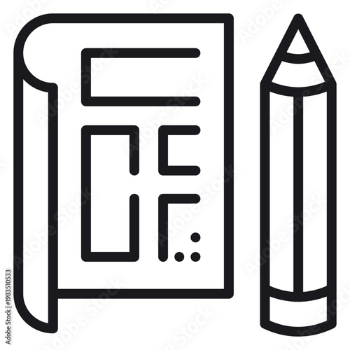 Minimalist black vector icon illustration of an architectural blueprint or floor plan next to a pencil, symbolizing design, engineering, construction planning, and creative drafting.