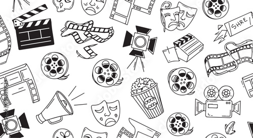 Film, cinema, movie icons, black and white, illustration set isolated on Transparent Background