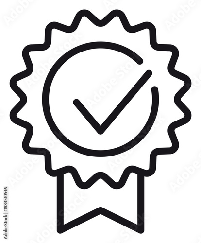Tableau sur toile Minimalist black line art vector icon illustration of a quality guarantee badge with a checkmark and ribbon, representing certification, approval, success, and premium standards for commerce