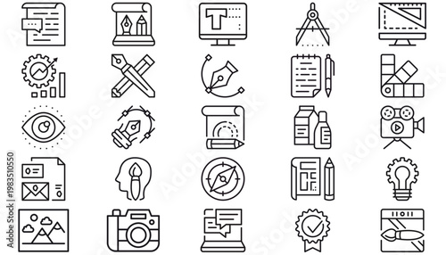 25 Minimalist Black Vector Icon Set Collection for Graphic Design, Architecture, Business, Technology, Creative Tools, Communication, Engineering, Photography, and Branding Symbols Bundle