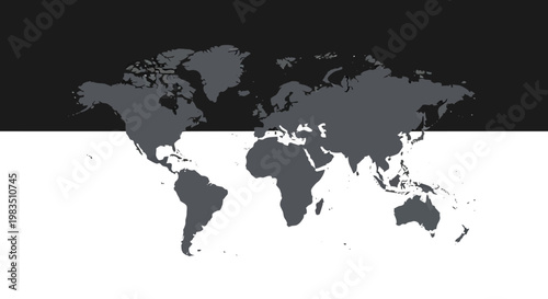 A gray world map on black and white background.