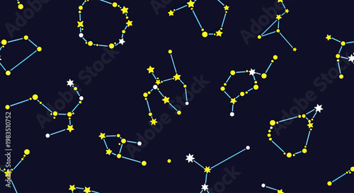 Various star constellations depicted with yellow stars and white dots on a dark blue background
